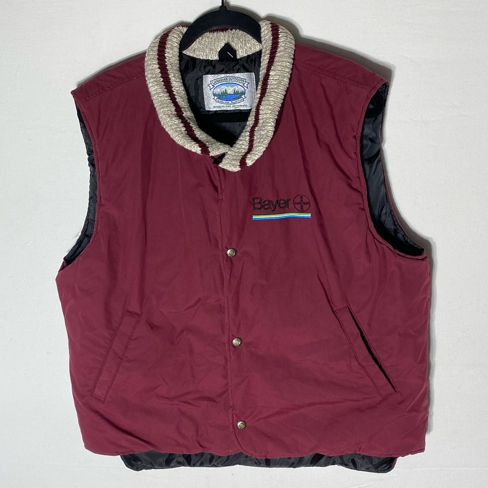 Vintage Canadian Outdoors Burgundy Bayer Pharmaceuticals Embroidered Logo Vest S